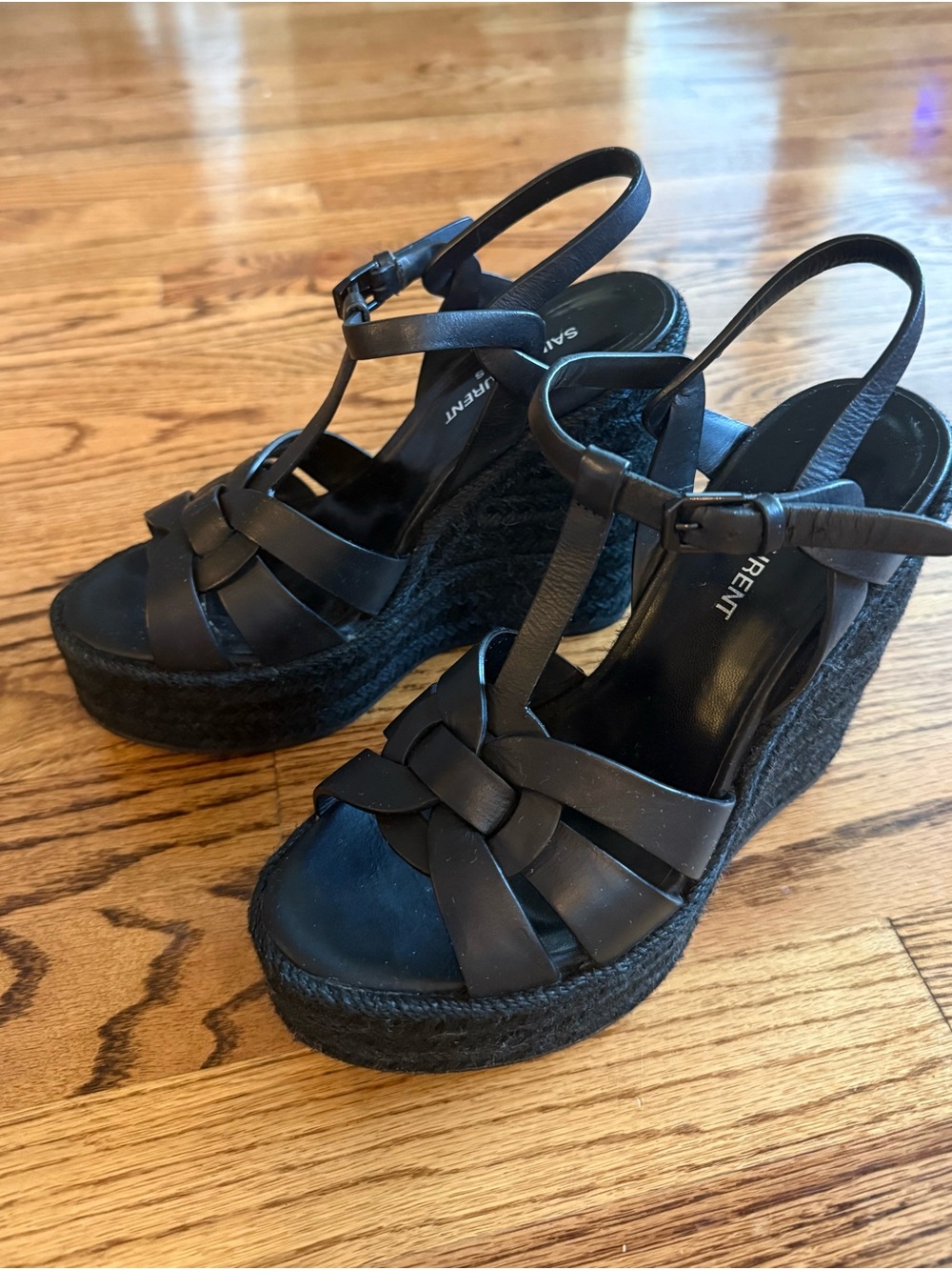 Saint Laurent Black Woven Leather Platform Espadrille Sandals - T-Strap